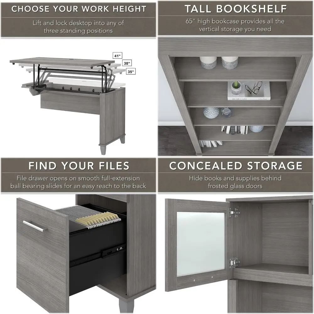 

Угловой стол-трансформер 72W Sit to Stand с надстройкой и книжным шкафом, цвет платиновый серый