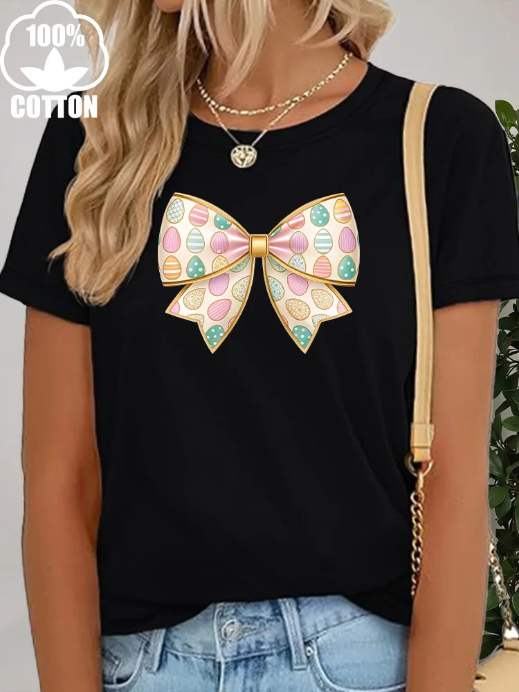 T-Shirt manches courtes col ras du cou pour femme, 100% coton, avec nœud d'œuf de pâques, couleur or, décontracté, vêtements quotidiens d'été