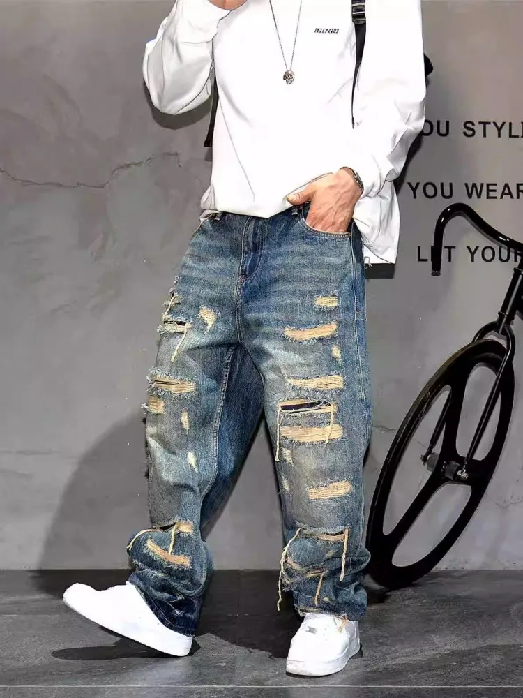 Vintage Personality Hole Ripped Men Jeans Loose Fit Straight Trousers Fashion New Casual High Street Hip Hop Denim Pants Male