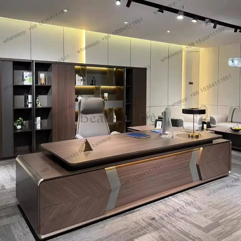 zj.Brown Chair Executive Office Desk Modern Wood Adjustable Drawers Computer Desk Standing Study Scrivania Work Station Table
