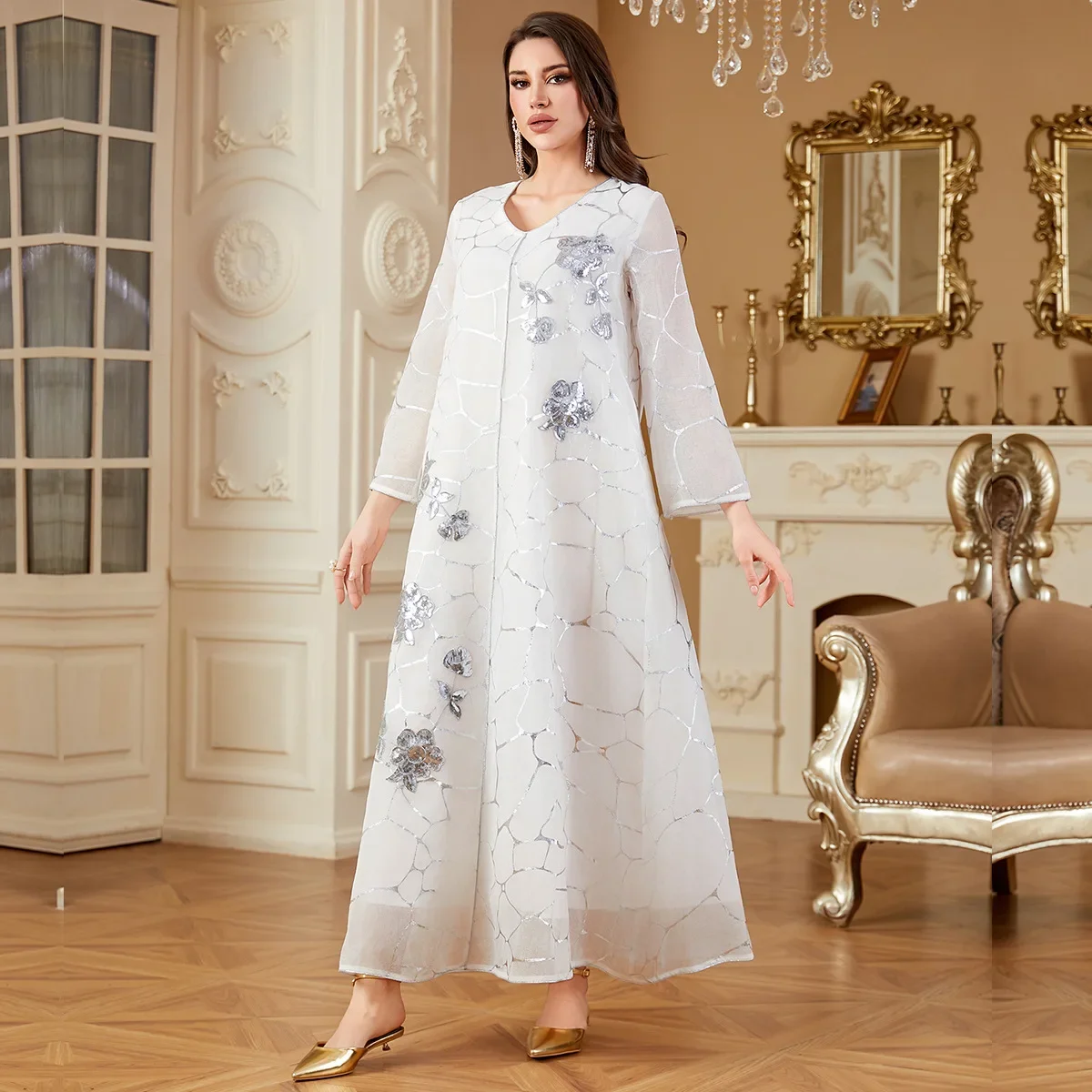 

Women's Black White Long Sleeve V-neck Ankle Length Trendy Elegant Casual Mesh Dresses Female Middle East New Fashion Muslim