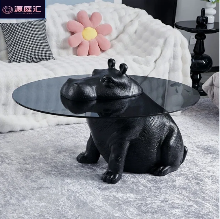 

Designer personalized animal hippo coffee table living room home tempered glass small coffee table