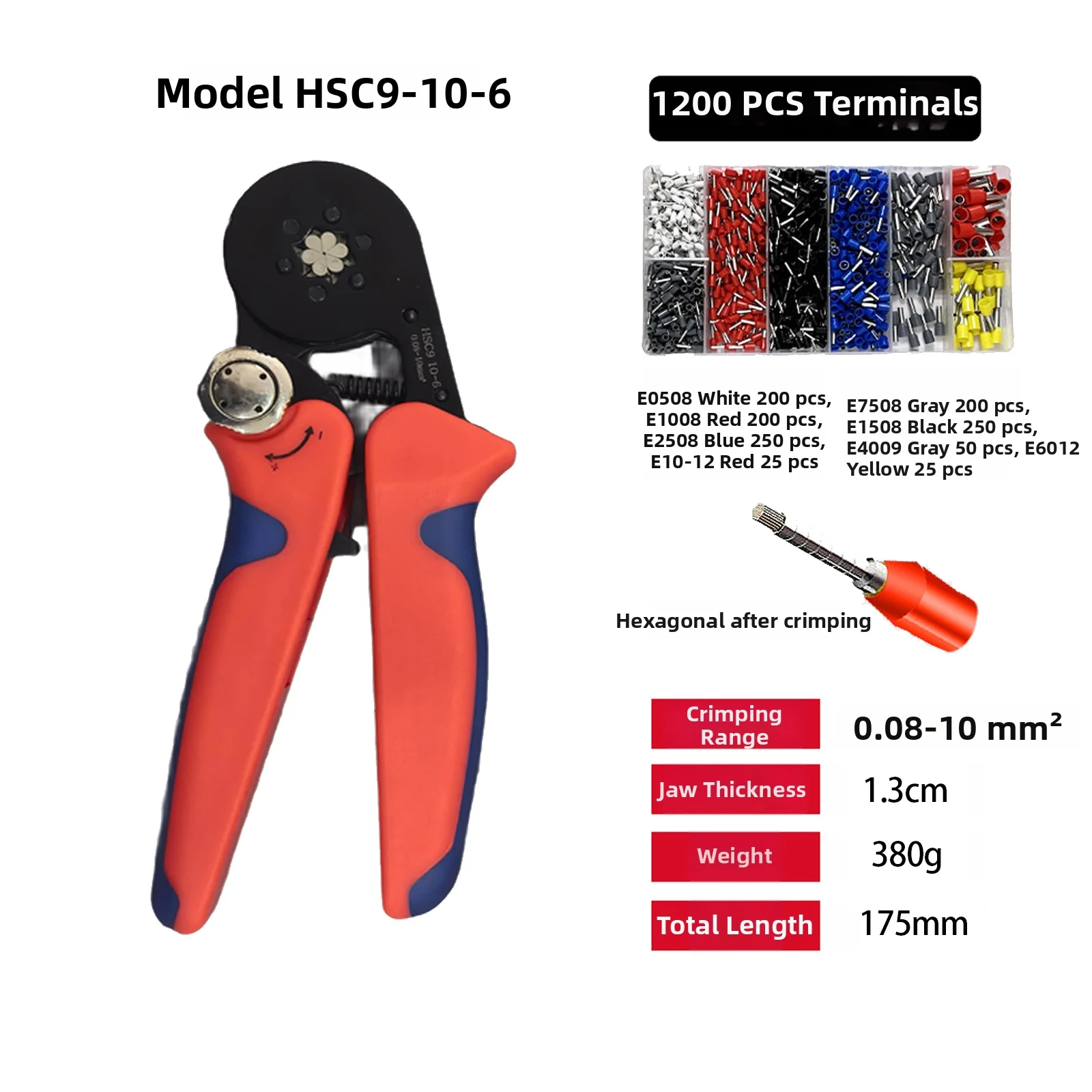 HSC9-10-6 Crimping Tool Kit with 1200 Color-Coded Ferrules for Quick Size Selection and Reliable Crimps on Stranded Conductors