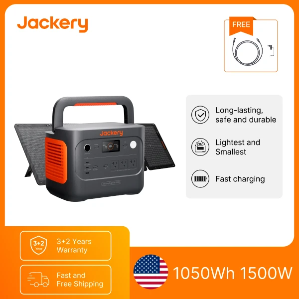 Jackery E1000AC 1050Wh Portable Power Station with 100Wair Solar Panel and 5m Extension Cable, 1500W Pure Sine Wave AC Output, 3000W Surge, LiFePO4 Battery, 100W USB-C and Fast Recharge for Camping, RV Trips and Home Emergency Backup