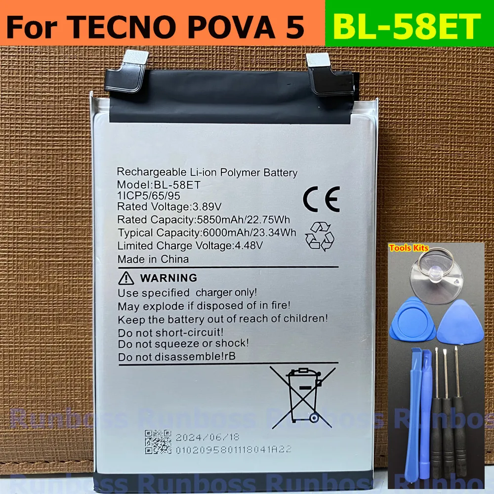 Original 6000mAh BL-58ET Battery For Tecno Pova 5, LH7n Smart Mobile Phone Battery 3.89V