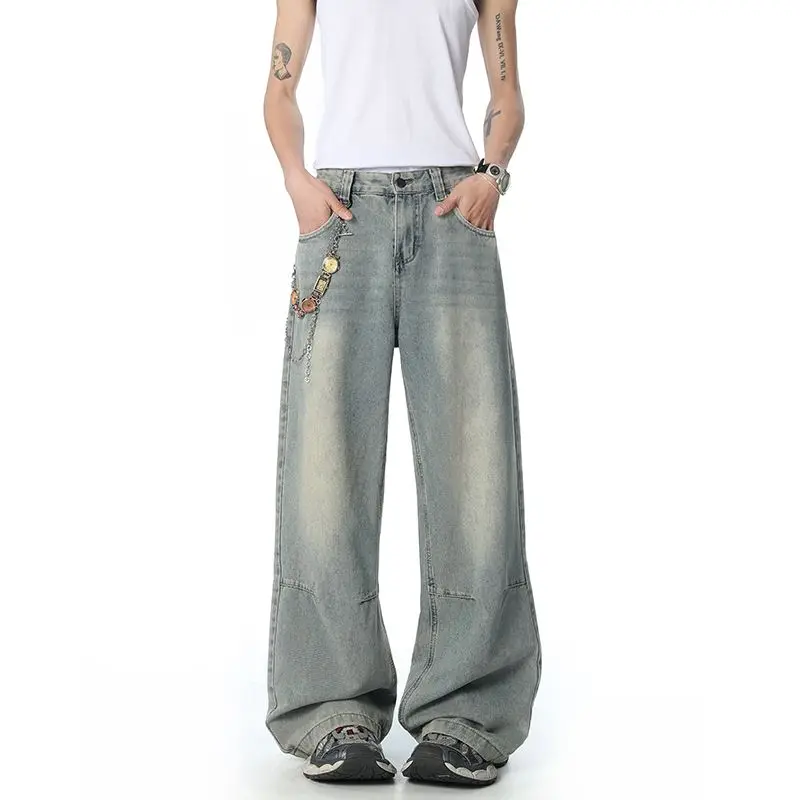 

Y2k Korean Men's Baggy Jeans Blue Personalized Fashion Straight Wide-leg Pants Male Streetwear Vintage Casual Denim Trousers
