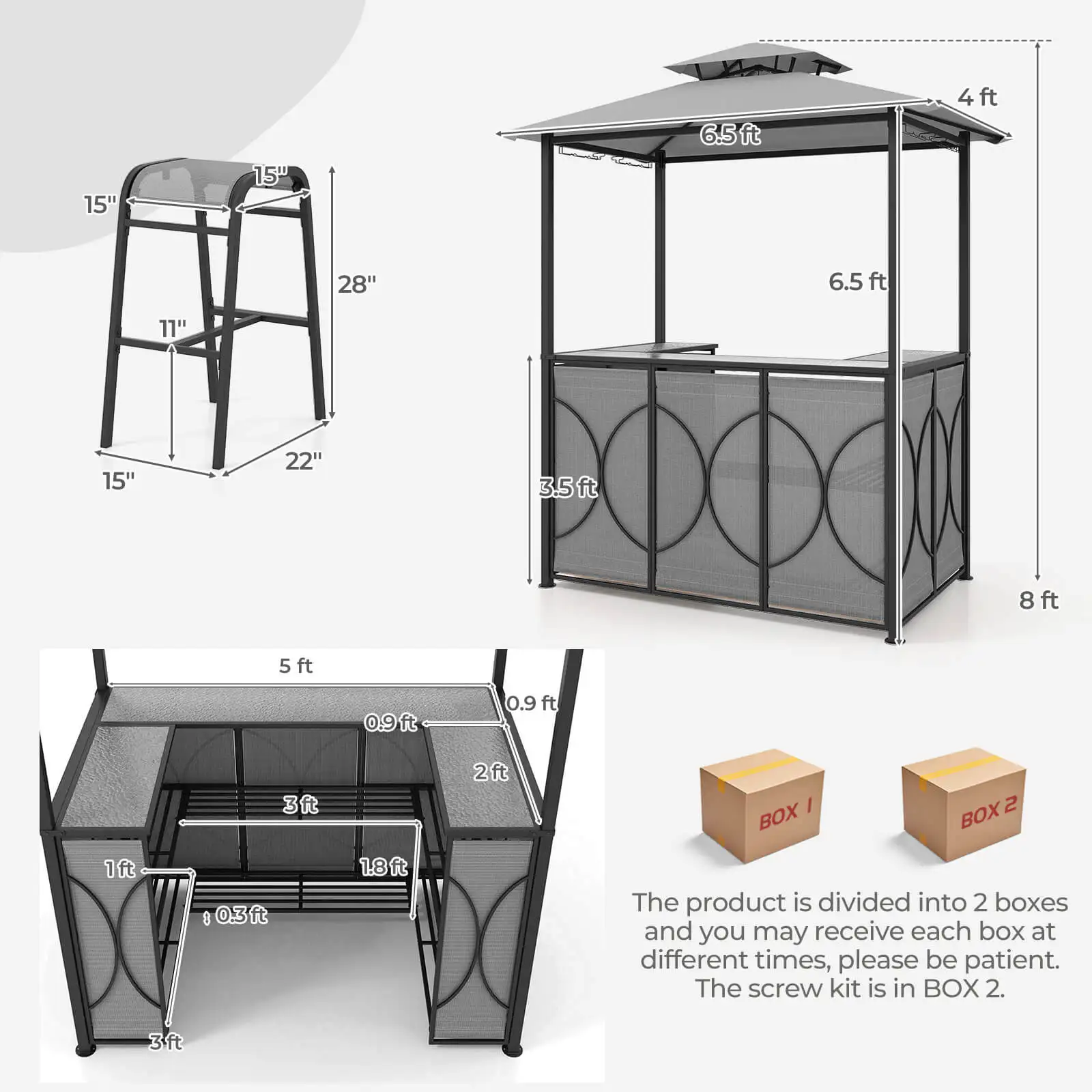 3 PCS Patio Bar Set with Tempered Glass Bar Table Metal Storage Shelves for Garden Grey