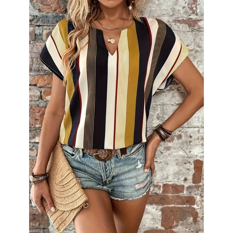 Plus Size 1XL-8XL Casual T-shirt Women\'s Plus Stripe Print Short Sleeve Notched Neck Top