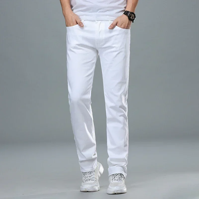 Classic Style Men's Regular Fit White Jeans Business Smart Fashion Denim Advanced Stretch Cotton Trousers Male Brand Pants