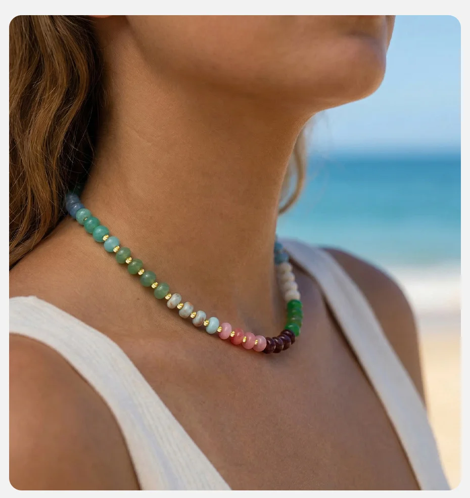 Vnox mehrfarbige, simulierte Steine, handgefertigte Halsketten, bunte Natursteinperlen, Halsband, Sommer, Strand, trendiger Boho-Schmuck, Geschenk – Detail 2