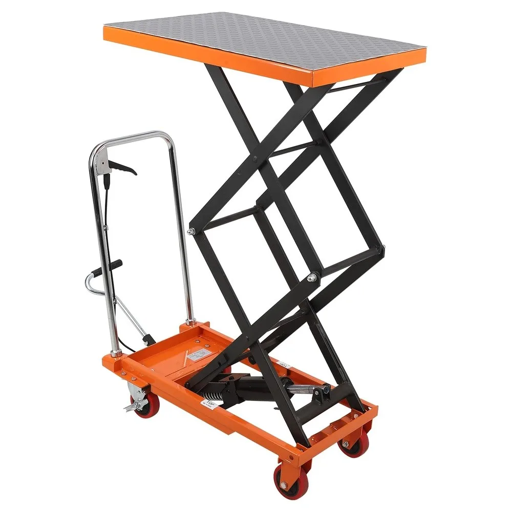 Manual Hydraulic Scissor Lift Table 330lbs Capacity Double Scissor Industrial Cart with 4 Wheels Anti Slip Platform 50