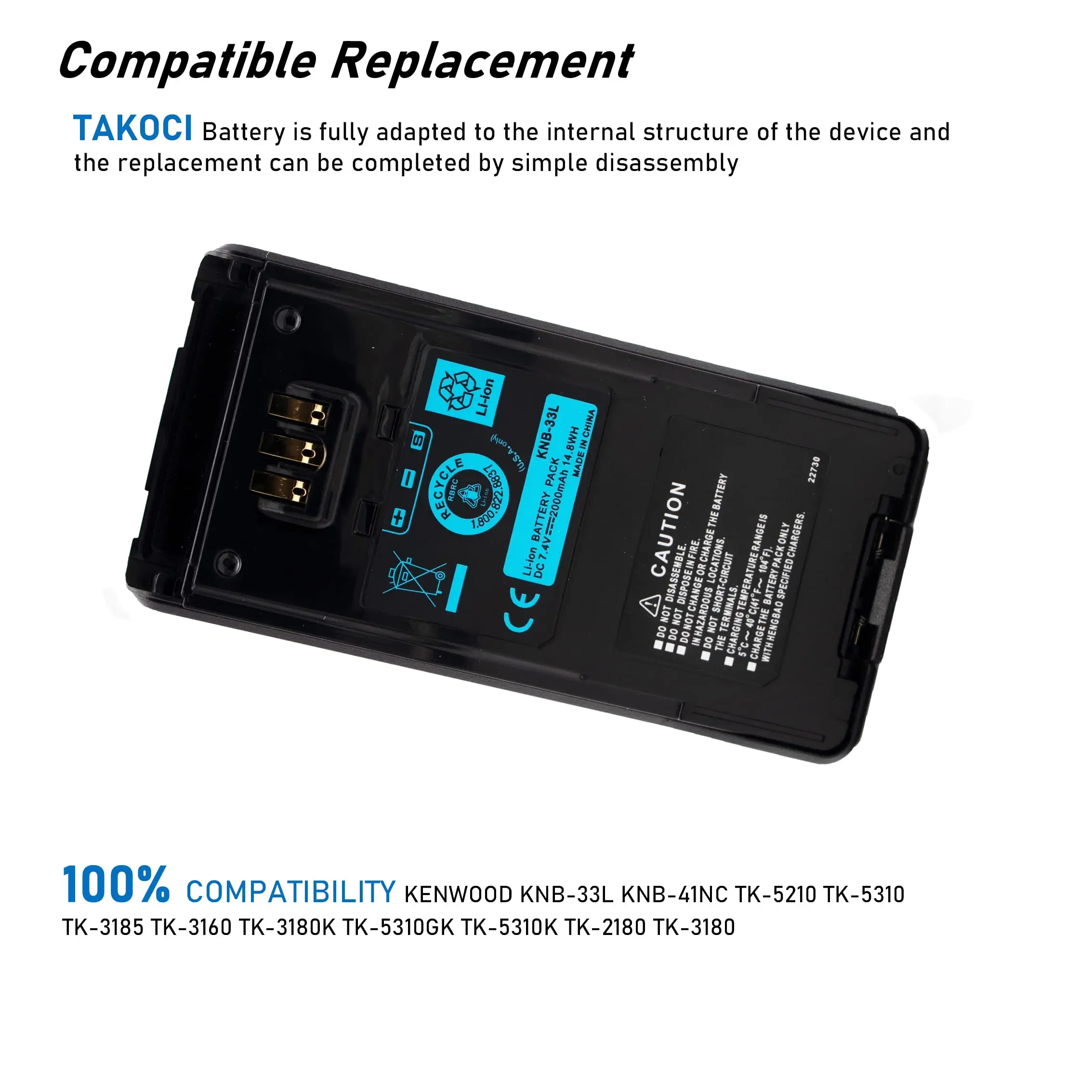 Batterie de rechange pour MendTK-2180, TK-3160, TK-3180, TK-3180K, TK-3185, TK-5210, TK-5310, TK-5310GK, TK-5310K KNB-33L