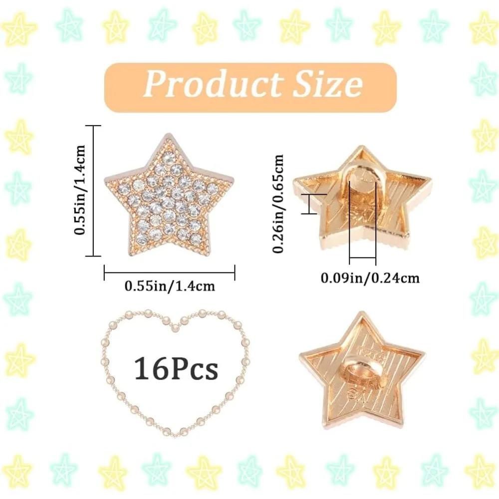 16Pcs Star Shaped Rhinestone Buttons Crystal Light Gold for DIY Sewing Crafts Sweater Clothing Hat Embellishments making kit