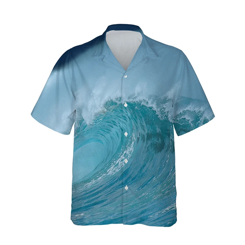 Men's Sea Wave Shirts 3D Print Clothes Fashion Button Short Sleeve Lapel Streetwear Shirt For Men Hawaiian Shark Blouse Shirt