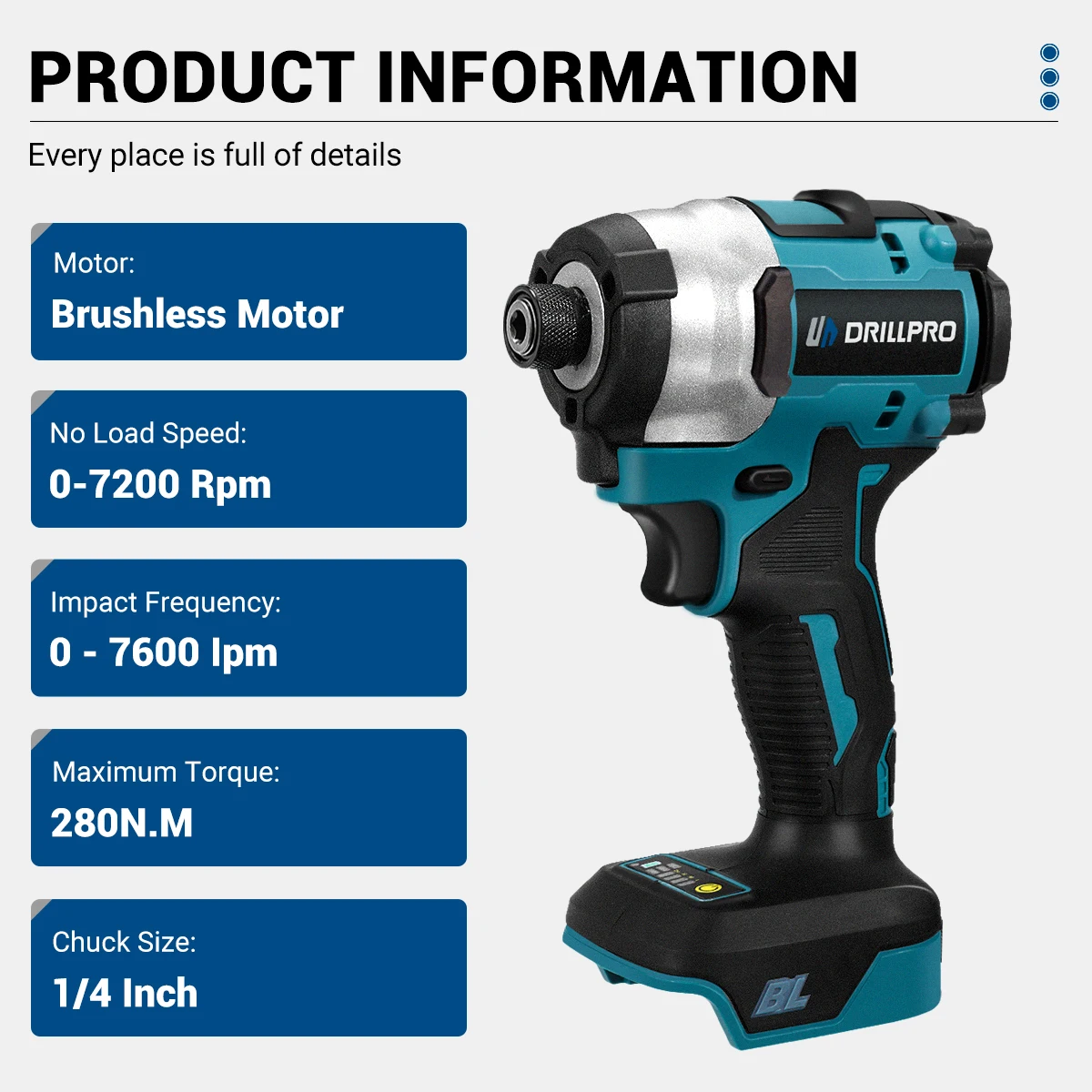 Drillpro1/4inch Brushless Electric Screwdriver Wireless Cordless 280N.m 20+1 Torque Electric Drill Power Tool For Makita Battery