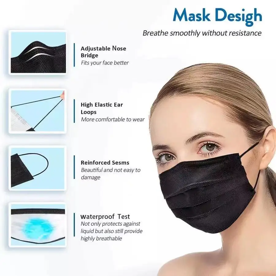 In Stock 10/50 Pcs Disposable Non-woven 3-layer Face Mask Anti Dust Breathable Mask Elastic Earband Adult Black Protective Masks