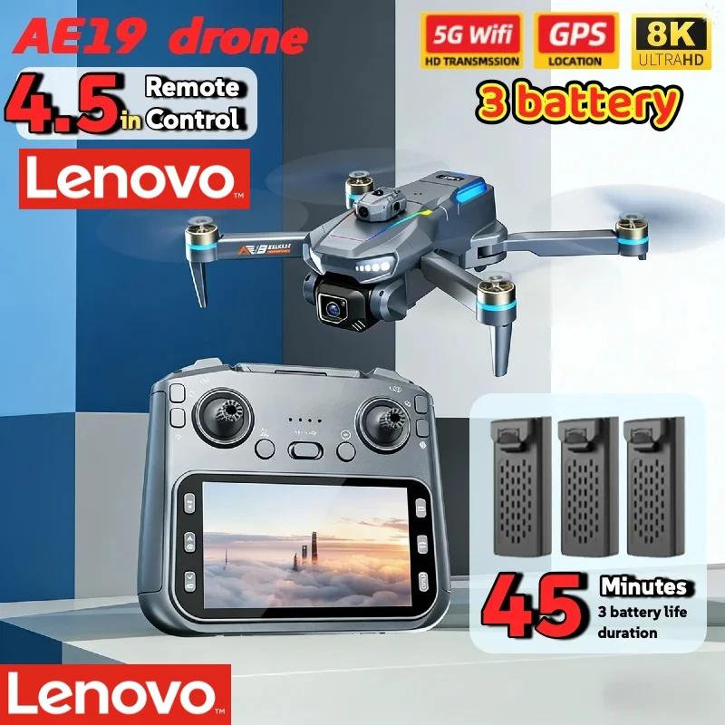 Dron Lenovo AE19 4K con Cámara Dual, GPS, Pantalla de 4.3 Pulgadas y 360° °   Quadcopter RC Profesional con Evitación de Obstáculos, 3 Baterías, Largo Tiempo de Vuelo, para Regalos