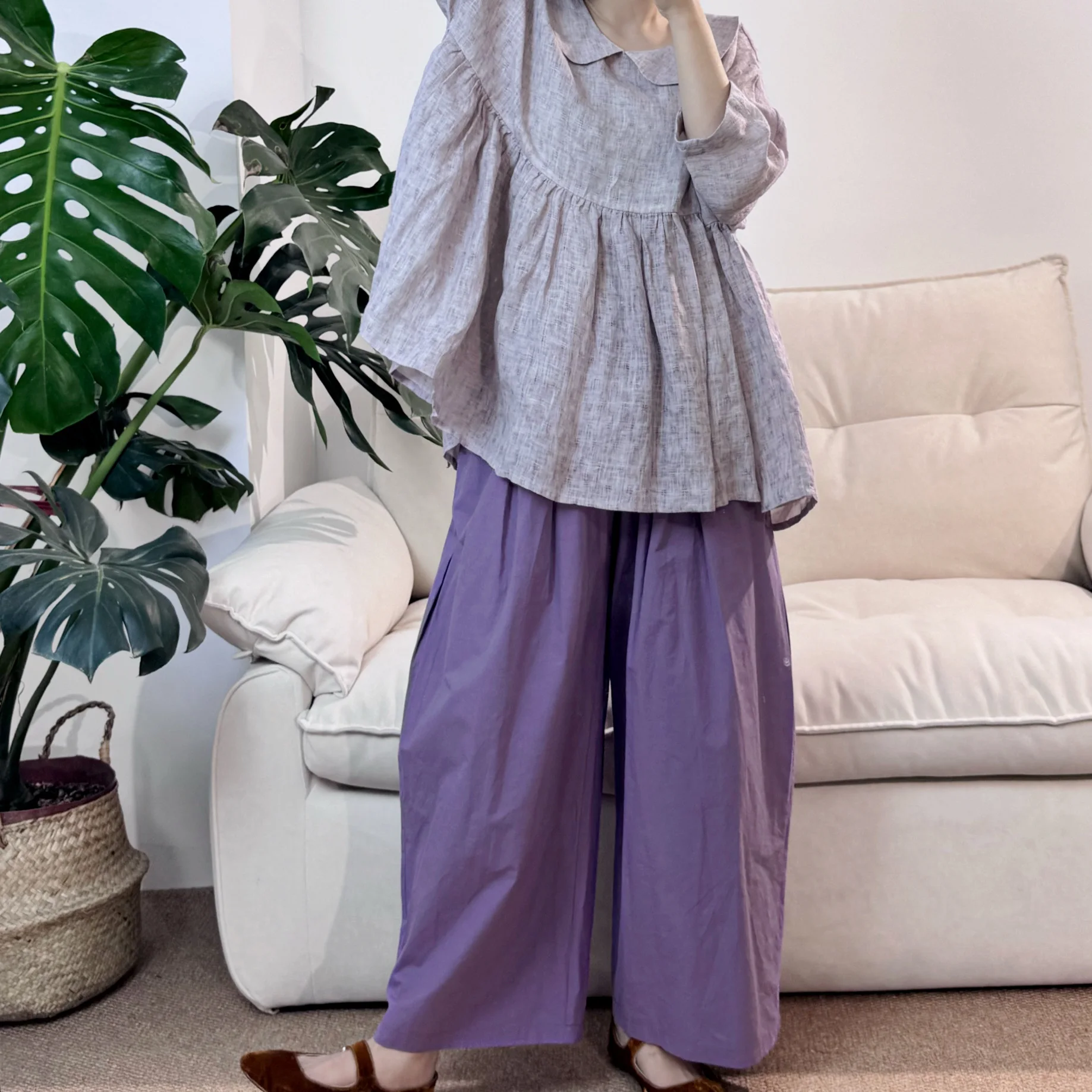 

Loose Cotton Linen Elastic White Pure Color Spring Summer New Style Long Pants Women's Casual Straight Leg Trousers