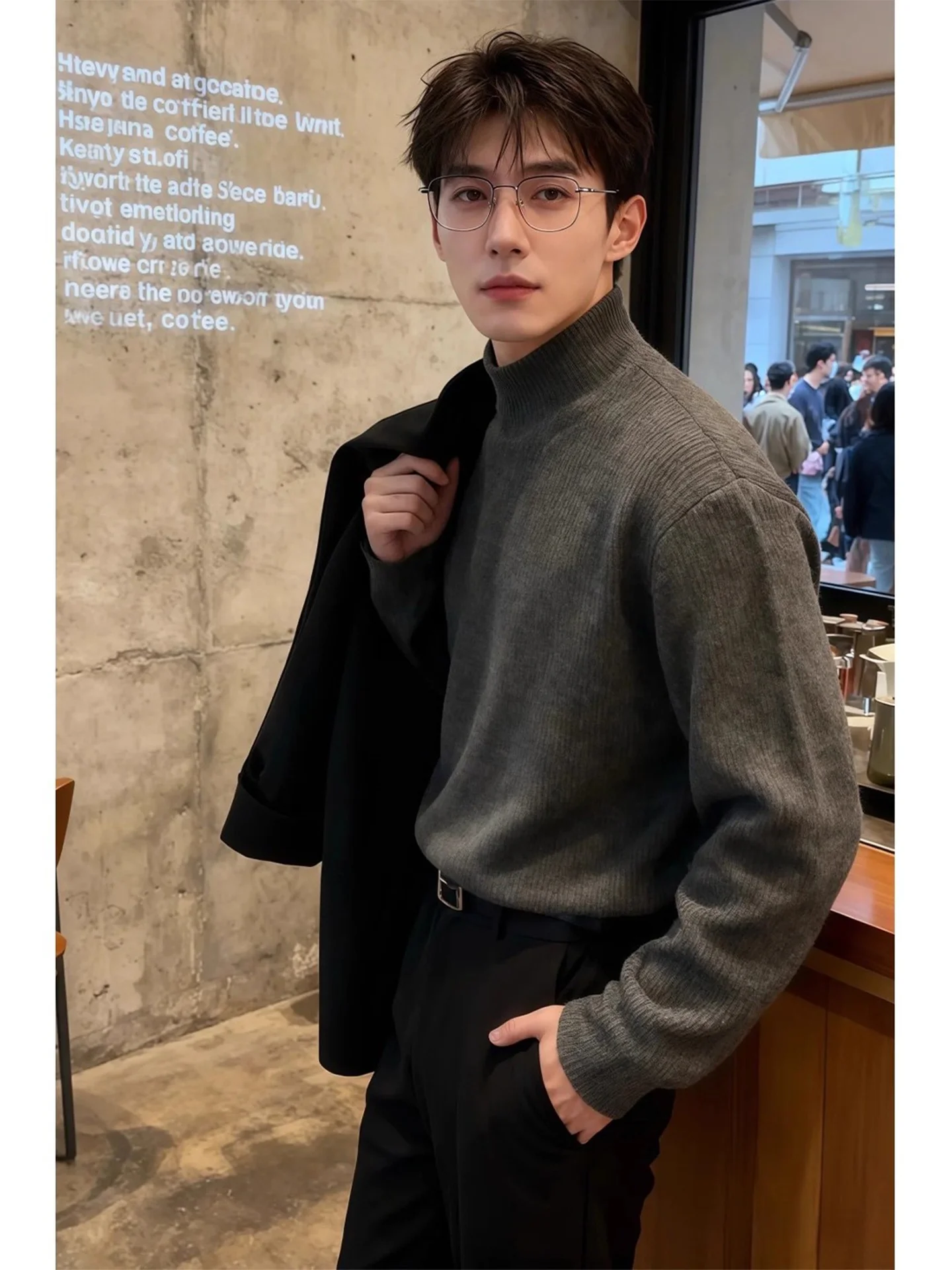 

Deep ey Thiened Fce Lined f High Collar Knitted Sweater Men's Winter Warm Base Layer Briti Sle Smart Casual Swe...