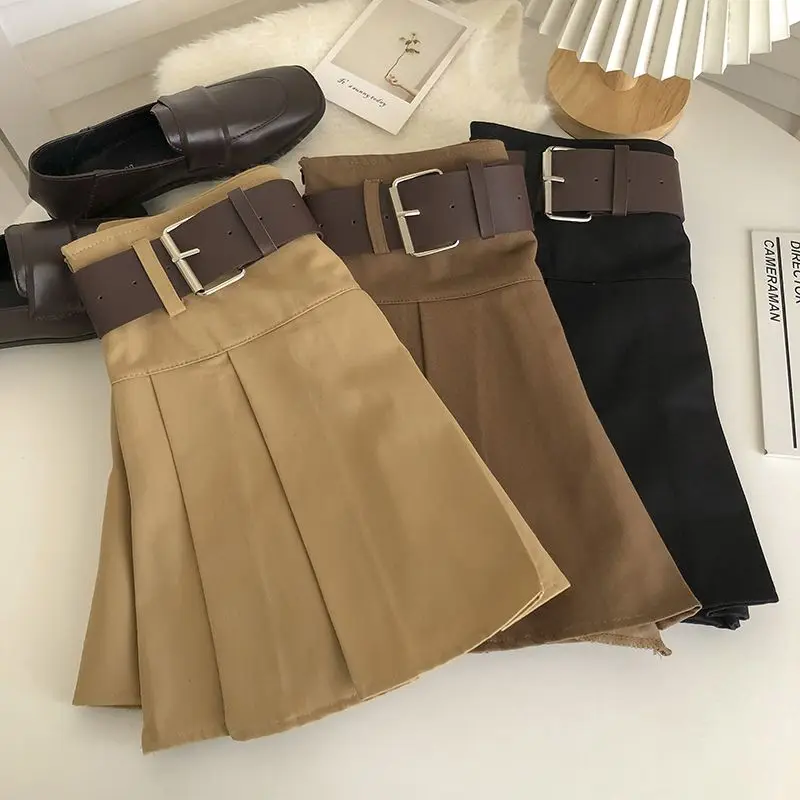 Pleated Skirts Women Ulzzang Mini Solid with Belt Vintage Preppy Style Summer High Waist Tender Classic All-match Teens Hotsweet