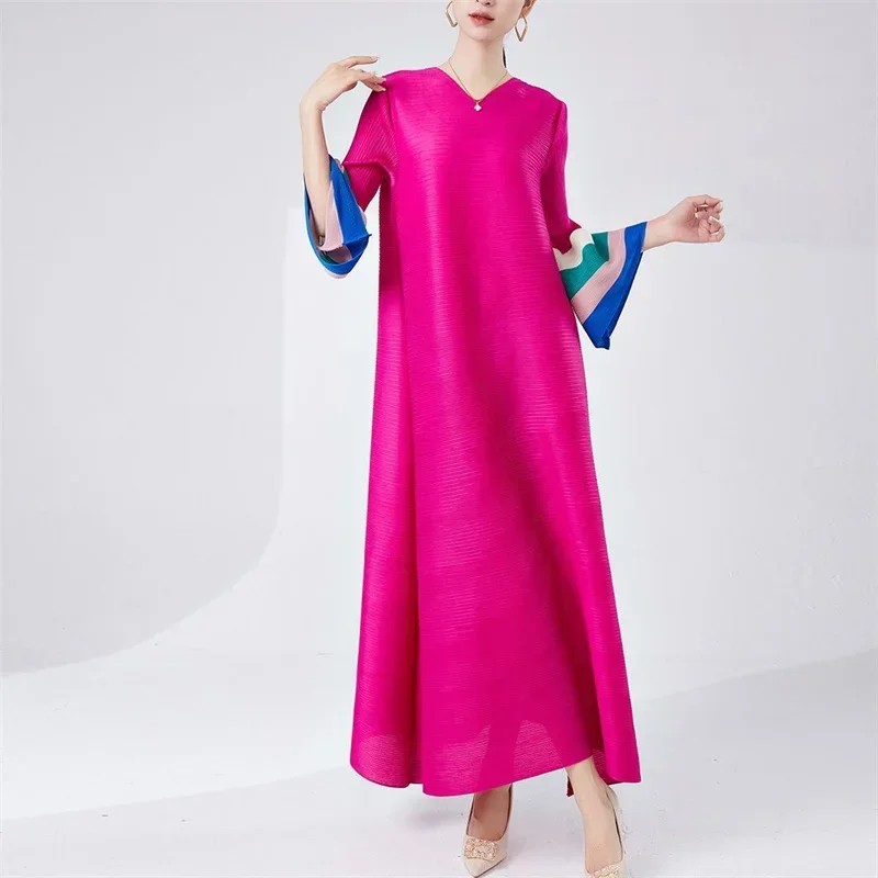 Large Size Women's Fashionable Long Dress High-end Feeling V-neck Flared Sleeves Loose Temperament Miyake Pleated Elegant Dress