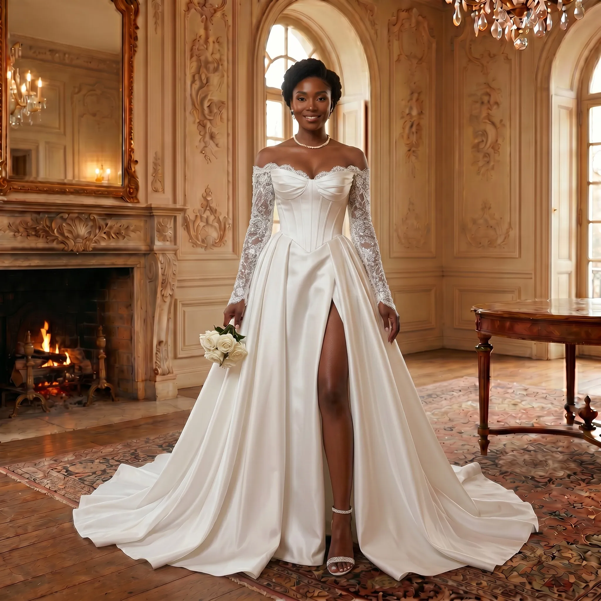 Off Shoulder Lace Sleeve Corset Satin Wedding Dress High Slit Ball Gown Bridal Gown with Chapel Train