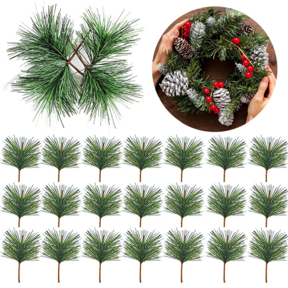 10-100pcs Artificial Green Pine Needle Picks for Christmas Garland Wreath Embel lishing and Home Holiday Garden Decoration