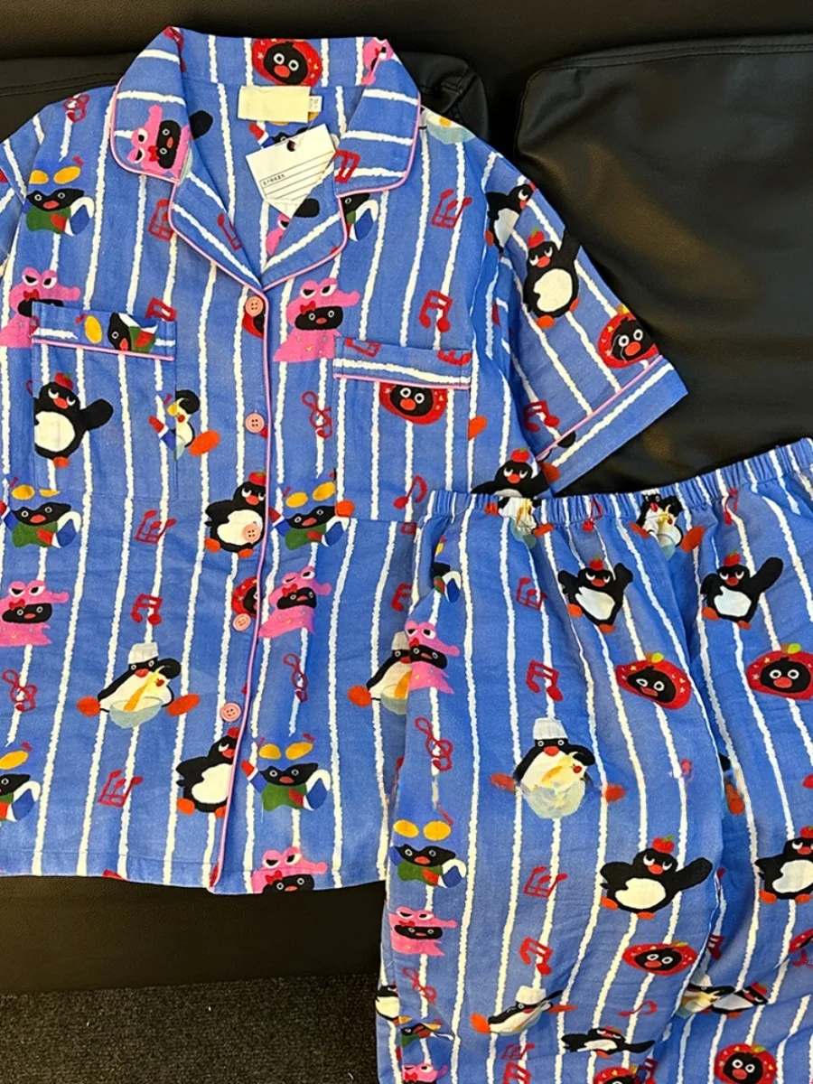 Cartoon Penguin Couple Sleepwear Short Sleeve Open Cardigan Long Pants Home Clothes Spring Summer Cotton Light Weight Breathable