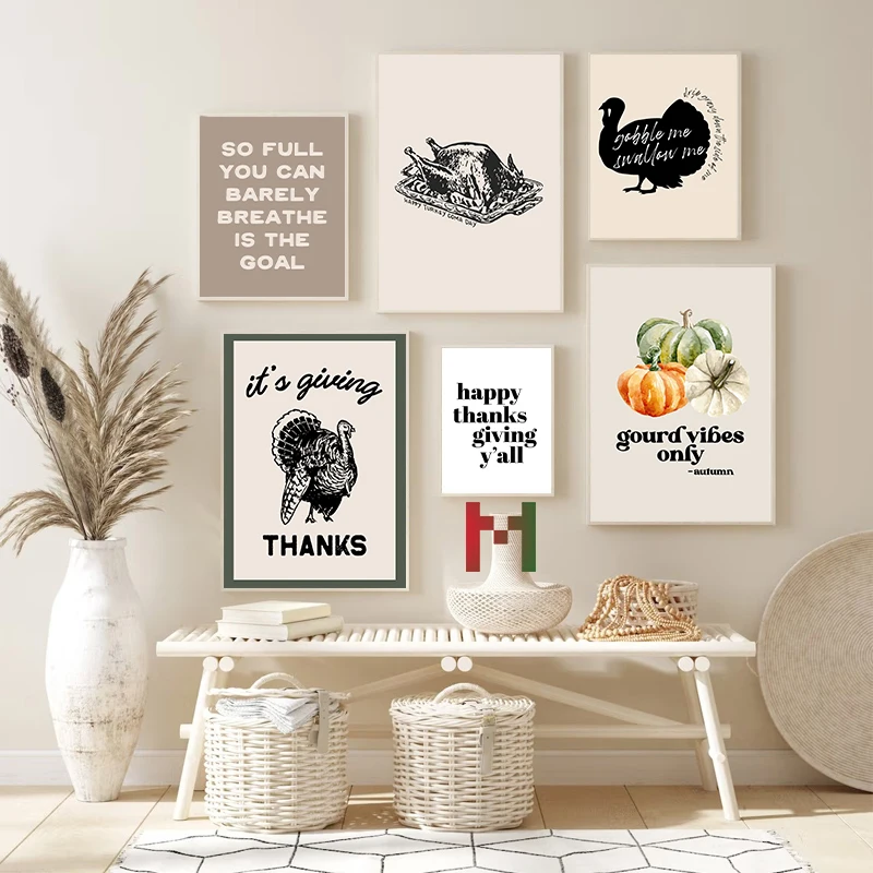 Thanksgiving Day Holiday Poster Funny Turkey Quotes Wall Art Prints Canvas Prints Set Warm Home Decoration Thanksgiving Decor