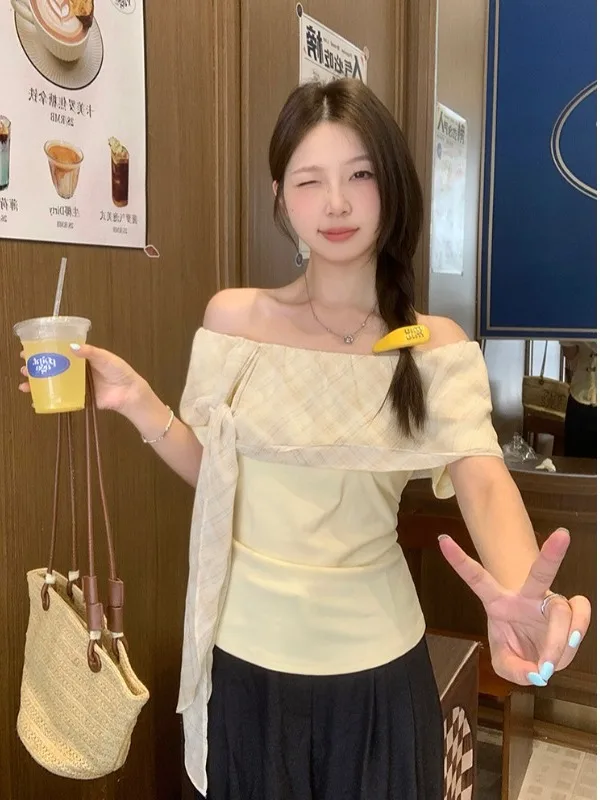 

Ele Knot ort Sve T-irt Women's Summer New Design Sensation High Waist Line Slim Fit Korean Sle Top