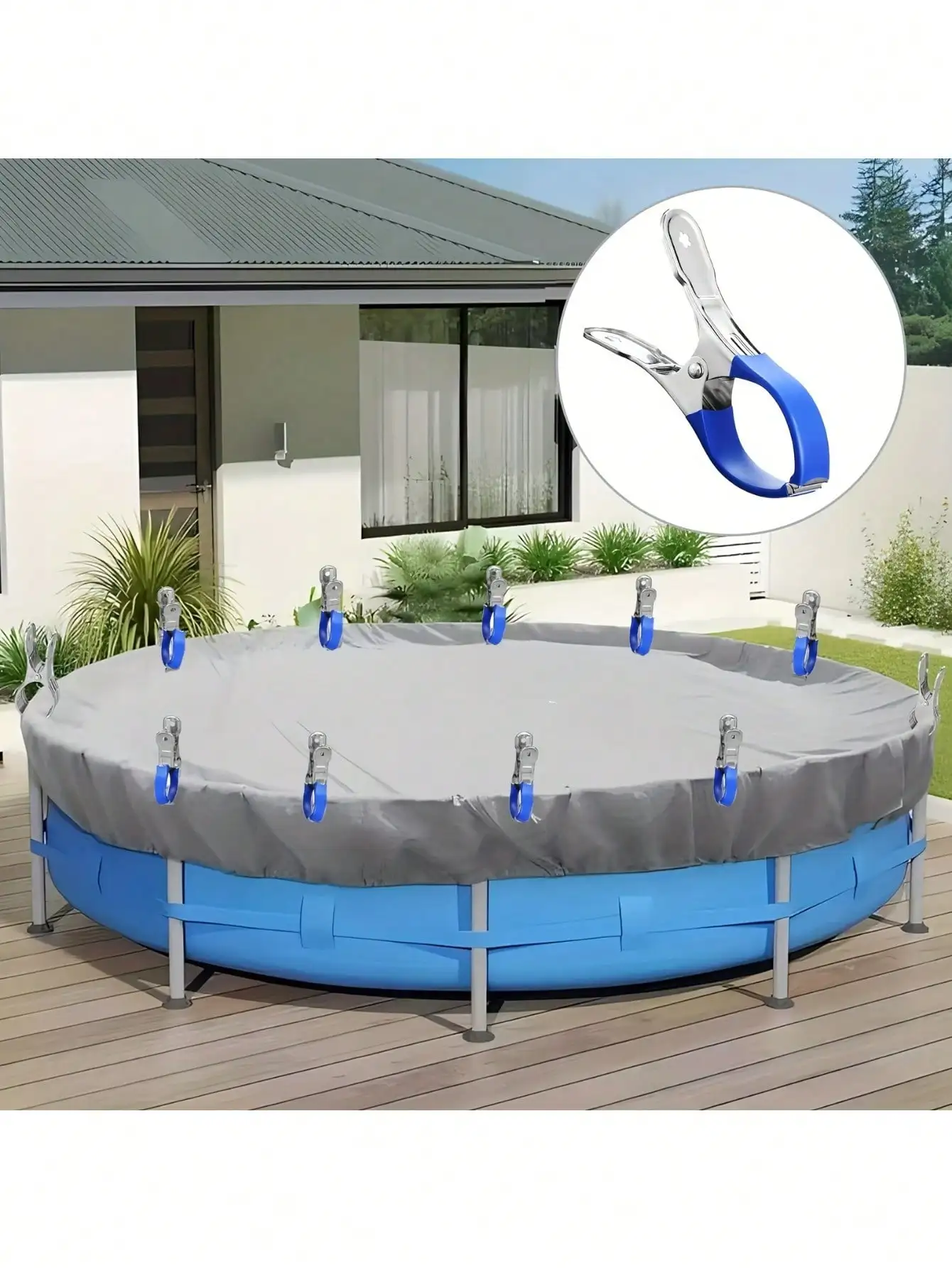 6 قطع من مشابك غطاء حمام السباحة المتينة المصنوعة من الفولاذ المقاوم للصدأ مع مقابض بلاستيكية زرقاء - مشابك زنبركية شديدة التحمل مقاومة للرياح لتأمين فوق