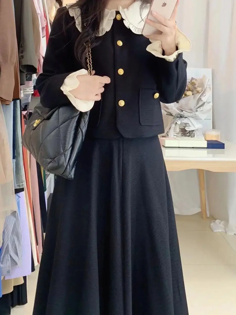 

Ele Spliced Outerwear And Skirt Set Women's Faion Hepburn Sle Spring Autumn Slimming Two-Piece Suit