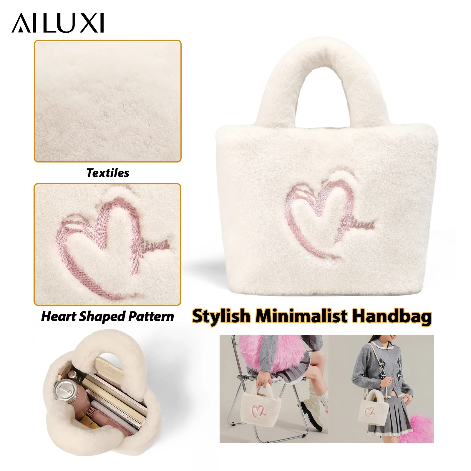 

AILUXI Women Handbag Cute White Plush Large Capacity Tote Bag for Cosmetic Storage One Shoulder Crossbody Small Bag Female