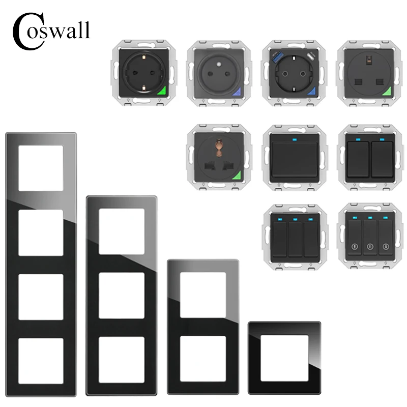 COSWALL Black WIFI Tuya Smart EU / FR Wall Socket With PD 20W Type-C & A Dual USB Fast Charger With Power Monitoring DIY Module