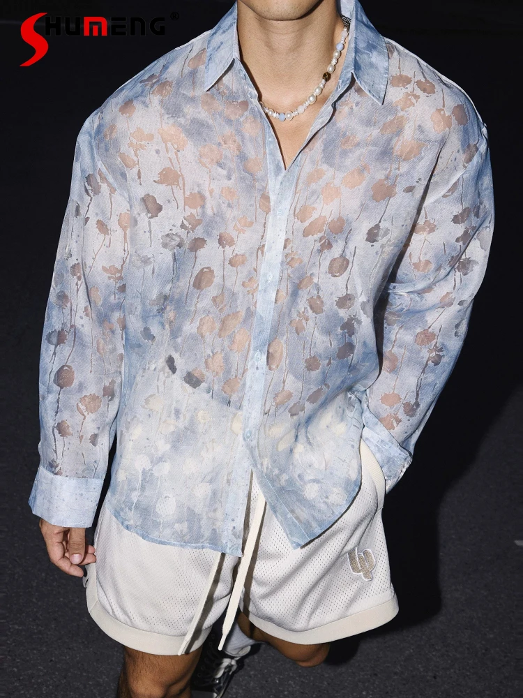 

Men's 2026 Summer New Fashion Shirts Male Handsome Chic Slightly Transparent Thin Tops Comfort Elegant Floral Long-sleeve Shirts