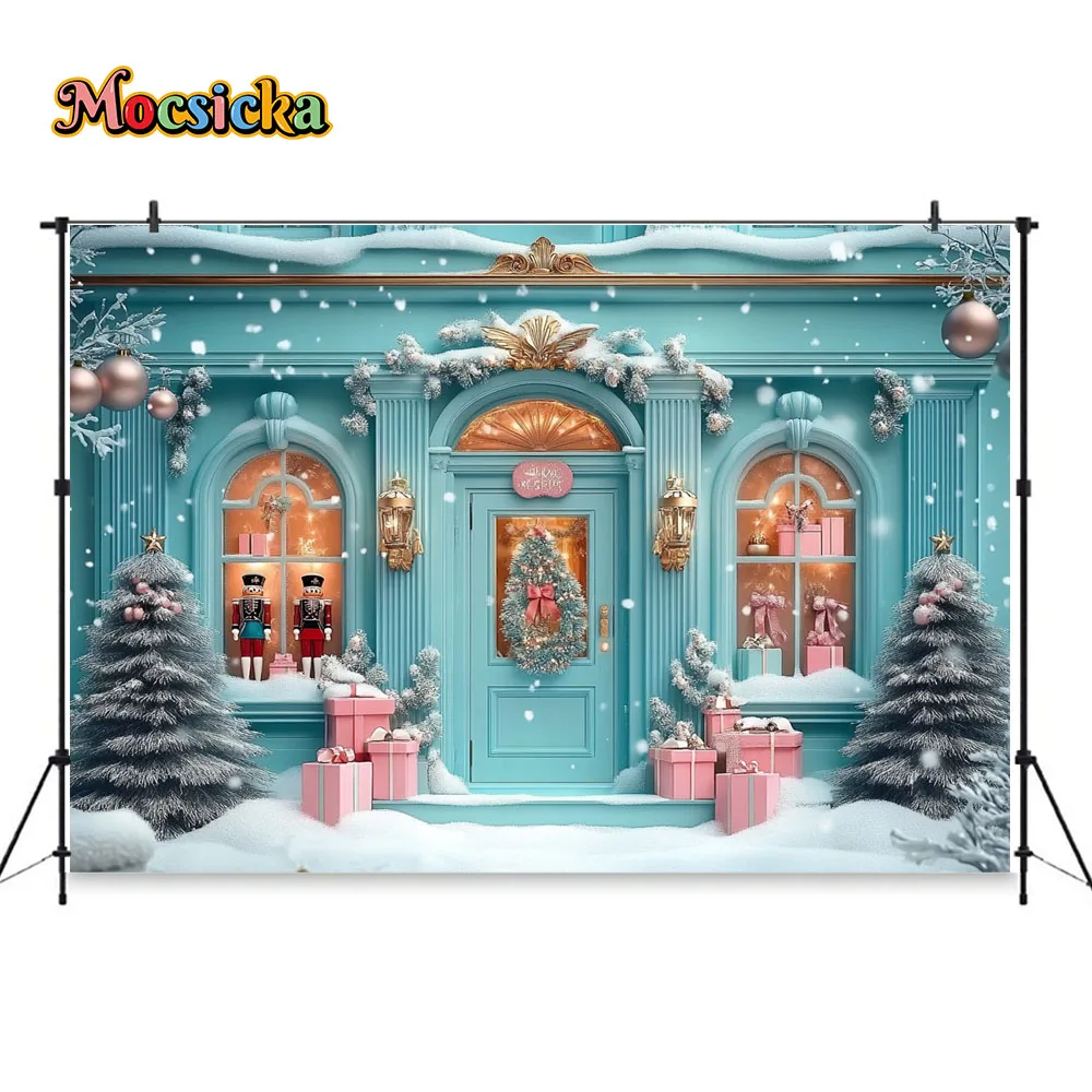 Christmas Gift Shop Photography Background for Girl Photo Nutcracker Soldier Backdrop Winter Blue Shop Front Snowflake Backdrop