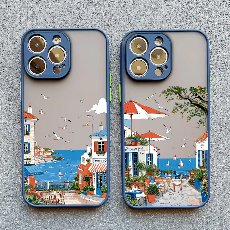Strandlandschaft Küstenstadt Handyhülle für iPhone 17 15 16 14 Pro Max Plus 13 12 Mini 11 Pro Max XS XR X Blaue Hüllen – Detail 14