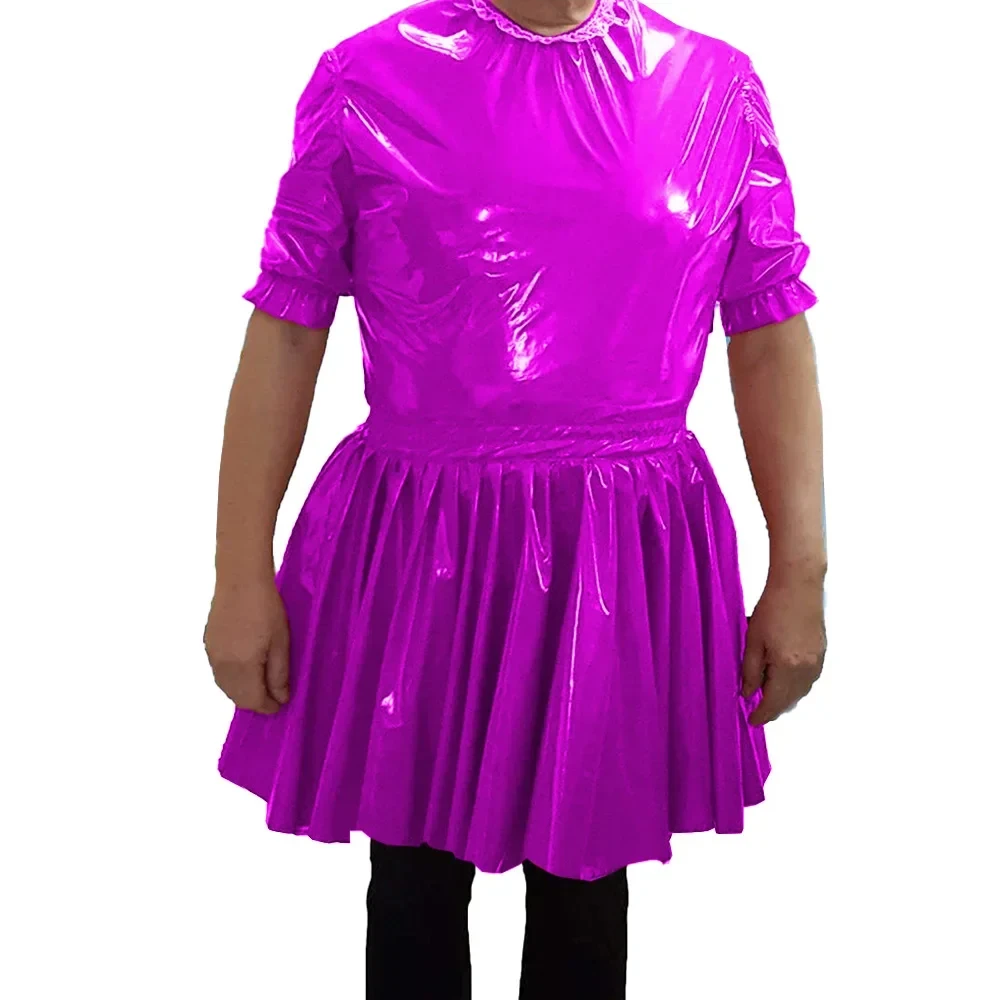 Pleated Short Dresses for Crossdresser Wetlook Patent Leather,Short Sleeve,A-line Mini Dress,Sissy PVC Shiny Vestidos,Plus Size