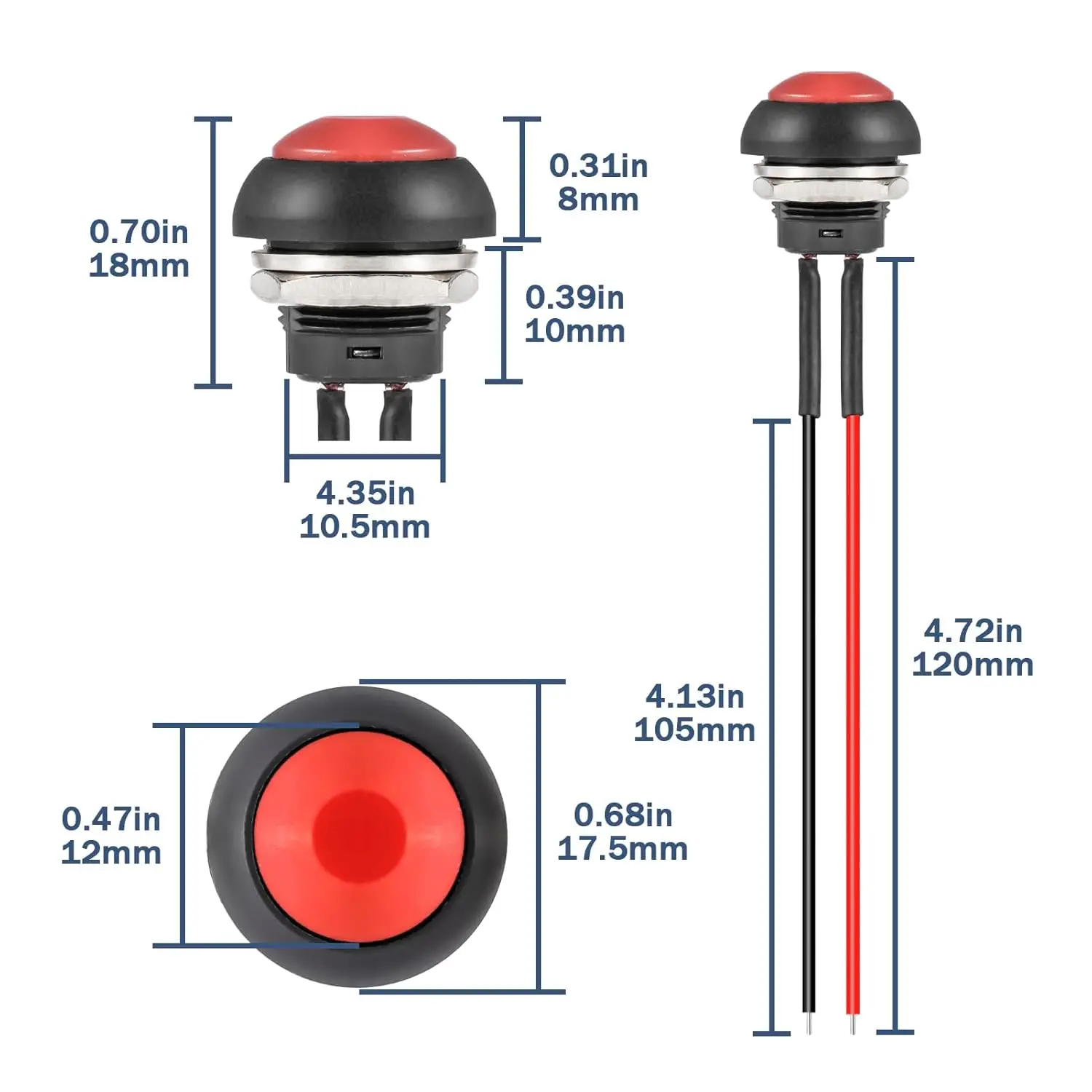 6pcs 12MM Momentary Push Button Switch ON Off Round Mini Waterproof Push Buttons Switches 1A 250V 3A 125V AC Small Red with Wire