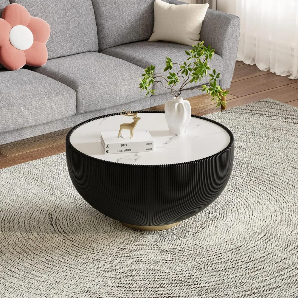 29,53 Круглый мраморный журнальный столик, современный рифленый журнальный столик с белой столешницей из спеченного камня, черной искусственной кожей и золотым металлом