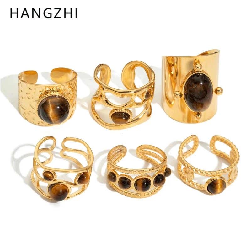 HangZhi Vintage Brown Natural Stone Wide Open Ring Stainless Steel Geometric Hollow Line Charm Jewelry for Women New