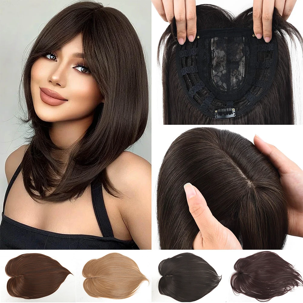 Clip in Synthetic Hair Topper with Bangs for Thinning Hair Long Wavy Hair Extensions Top Wiglet Hairpieces for Women 14 Inch