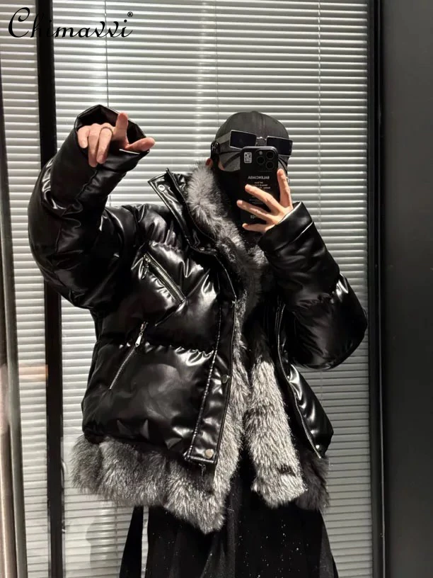 

Winter New High-end Fashion Fur Patchwork Fake Two-piece Glossy Cotton Jacket Men Loose Thickened Warm Stand Collar Cotton Coat