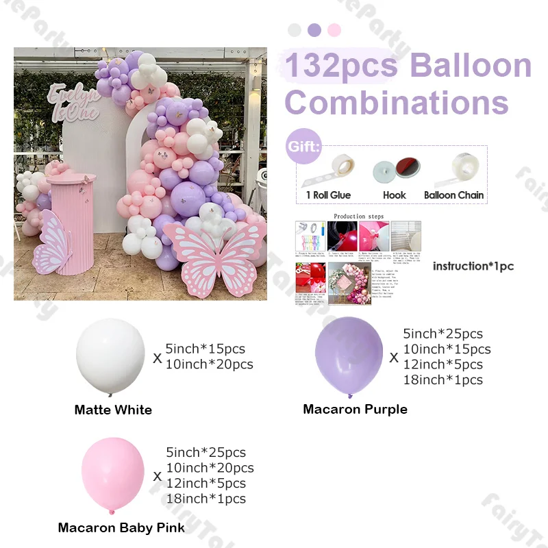 132pcs Gender Reveal Party Decoration Balloons Macaron Purple and Pink Balloon Arch Set Girls Birthday Party Valentine's Day