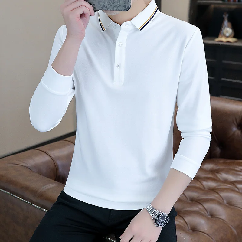 Casual Solid Color Men's Cotton Polos Long Sleeve Shirts Business Lapel Polo Slim Turn-Down Collar Outwear Tops Clothing