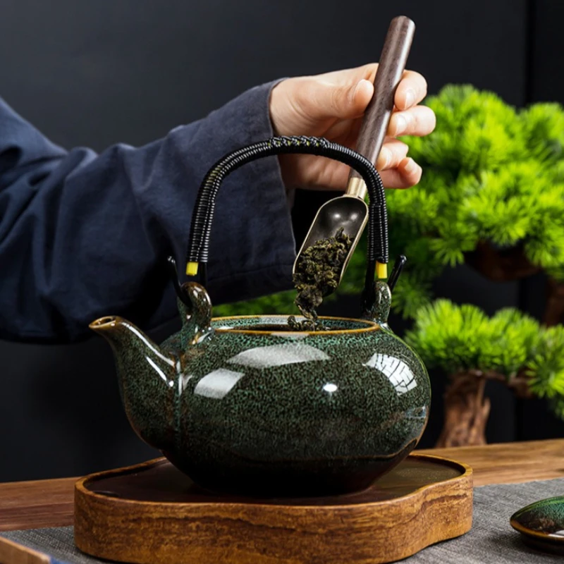 Kiln Glaze Change Jianzhan Teapot Large Capacity Bamboo Handle Ceramic Single Pot Brewing Vessel For Household