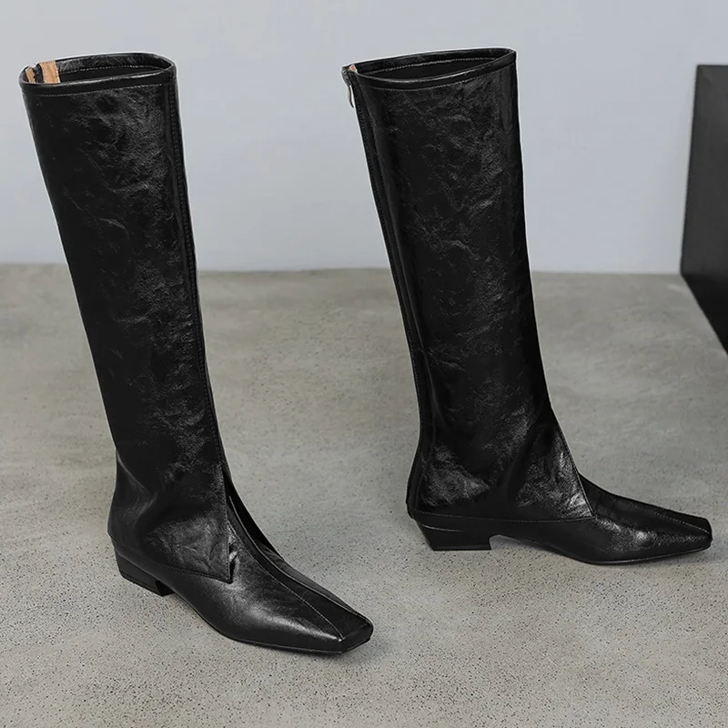 

Sewing Knee High Frouser Boots Sexy SquareToe Square Heel Matte Leather New Arrivals Fashion Women Modern Boots