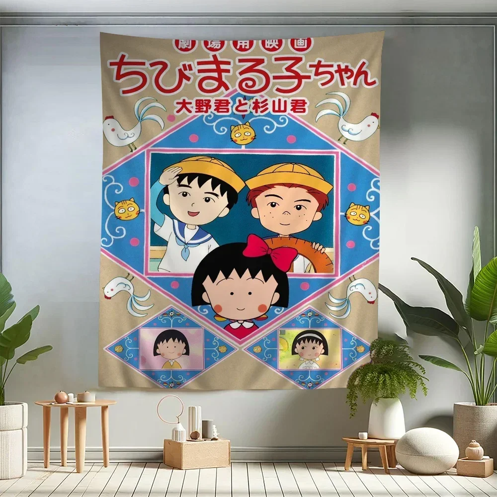 Cartoon Chibi Maruko Chan Anime Tapestry Hippie Flower Wall Carpets Dorm Decor Cheap Hippie Wall Hanging