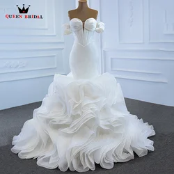 Elegant Mermaid Wedding Dress 2024 White V-Neck Puffy Train Bridal Gown Off the Shoulder Lace Up Bride dresses Custom Made DZ45M