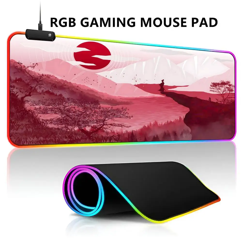 Japan Samurai Mouse Pad RGB LED Light Gaming Waterproof Large Gamer Mouse Carpet Big Mause Keyboard Pad PC Desk Play Mat with Ba